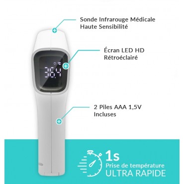 Vigicom® TH-IR01 : Thermomètre frontal infrarouge avec écran LED, songe de qualité médicale et batteries hautes performances